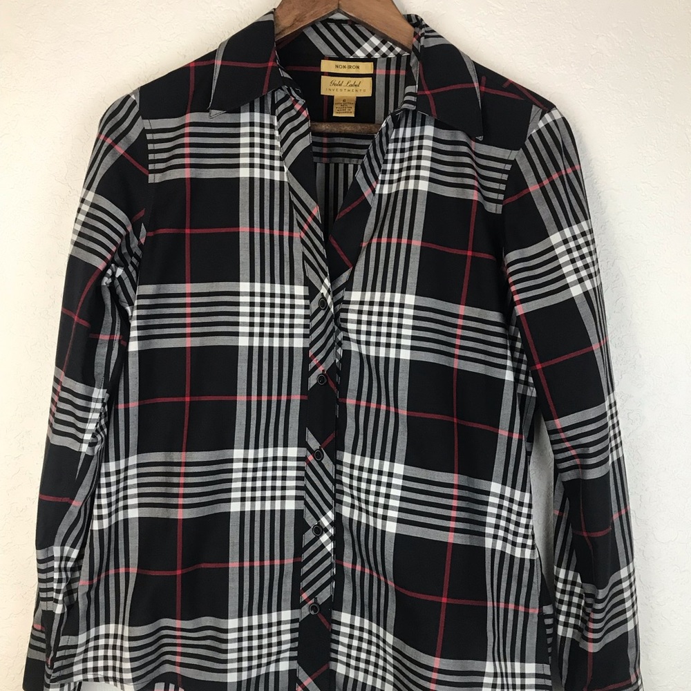 Gold Label Investments Womens Non-Iron Shirt Size 6 Black Plaid Button D…